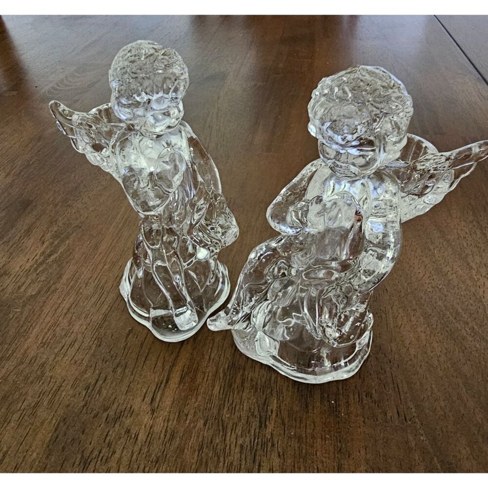 2 Crystal Clear Cherub Candle Holder angel candlesticks 5" Taiwan cottagecore